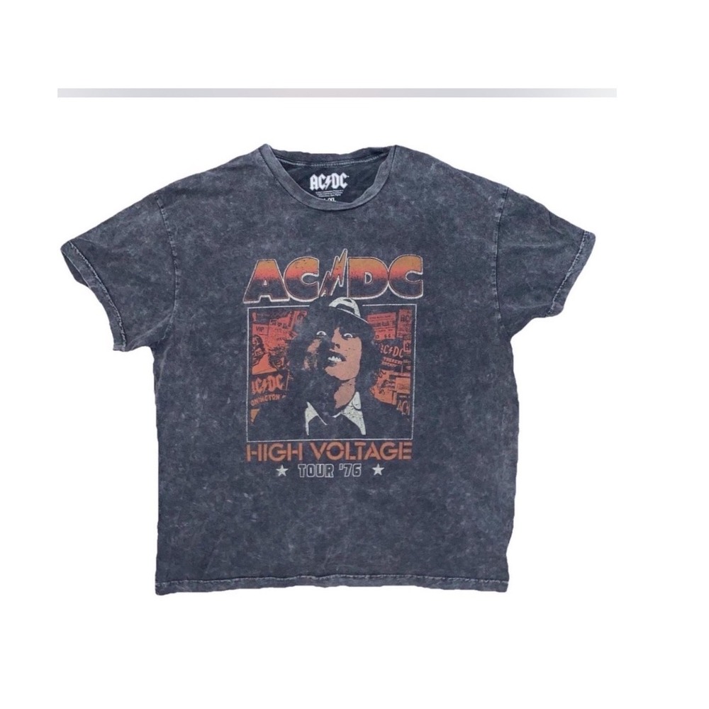 AC/DC High Voltage Tour 76 Graphic T-Shirt Mens XL Acid Wash Charcoal Grey Tee